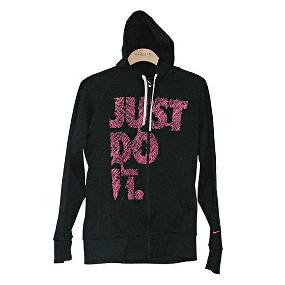 Womens Nike Therma Fit Zip Front Hoodie JUST DO IT Graphic Black Pink Size Small - Picture 2 of 12